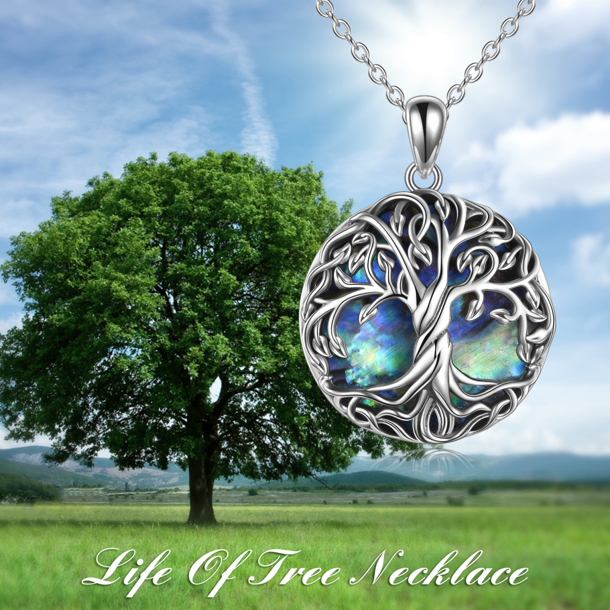 Sterling Silver Circular Shaped Abalone Shellfish Celtic Tree Of Life Pendant Necklace-6