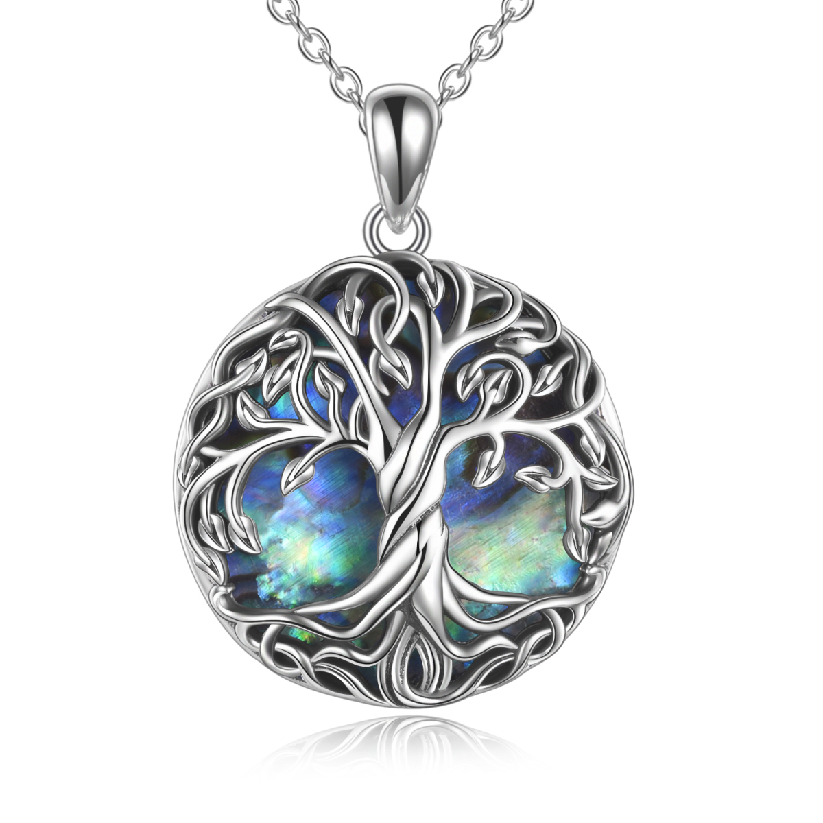 Sterling Silver Circular Shaped Abalone Shellfish Celtic Tree Of Life Pendant Necklace-1