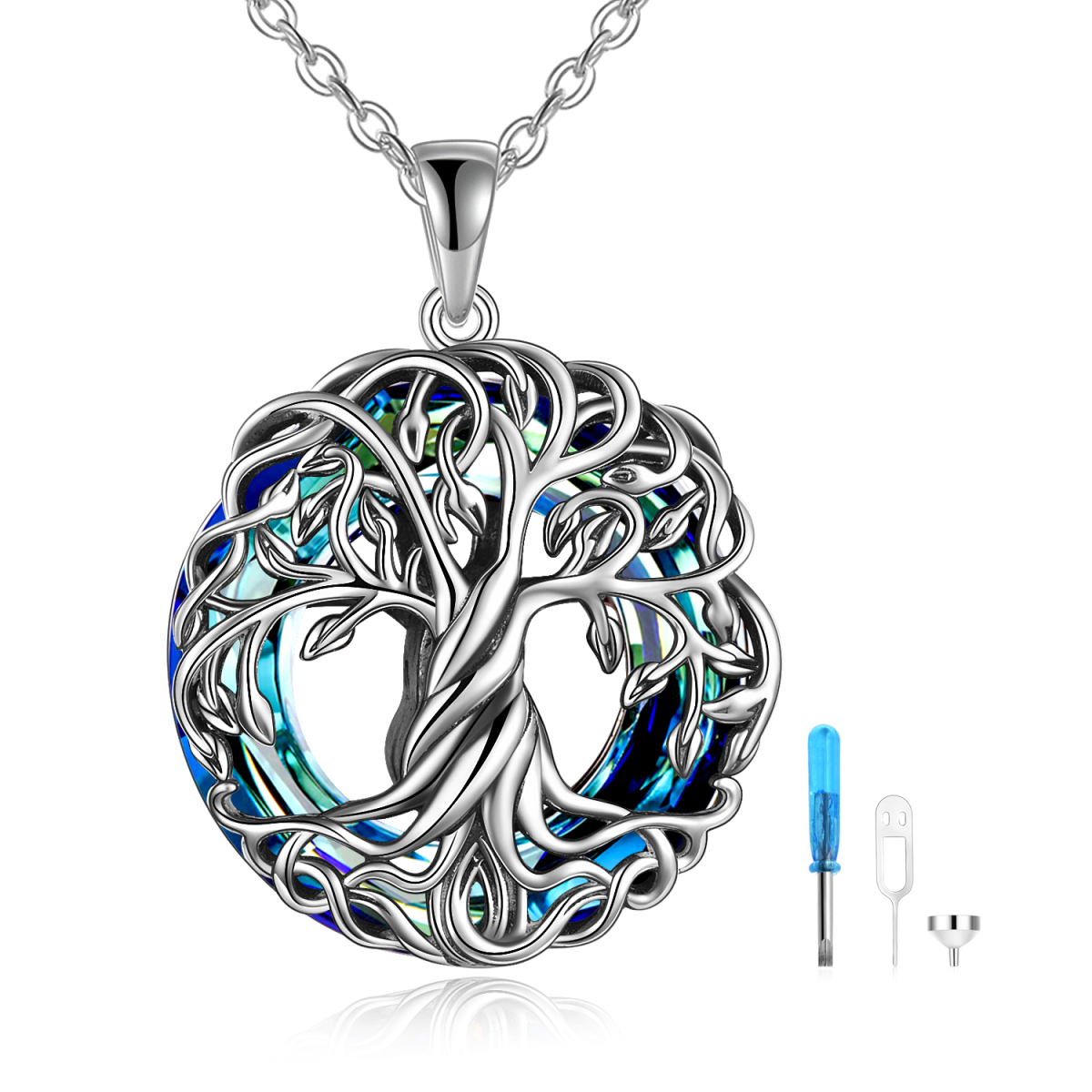 Sterling Silver Circular Shaped Crystal Tree Of Life Pendant Necklace-1