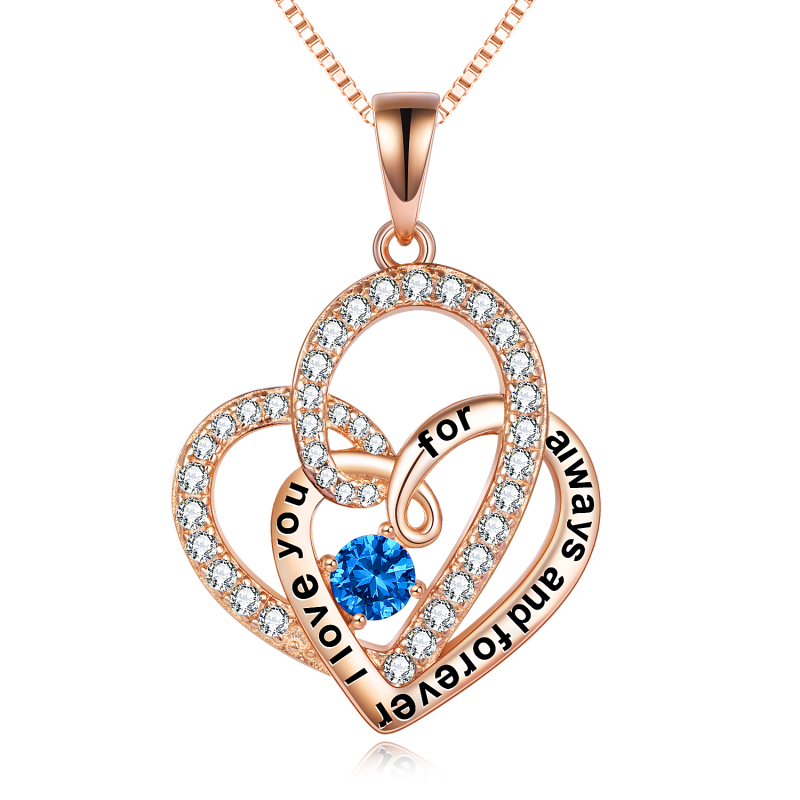 Sterling Silver with Rose Gold Plated Circular Shaped Cubic Zirconia Heart With Heart Pendant Necklace with Engraved Word