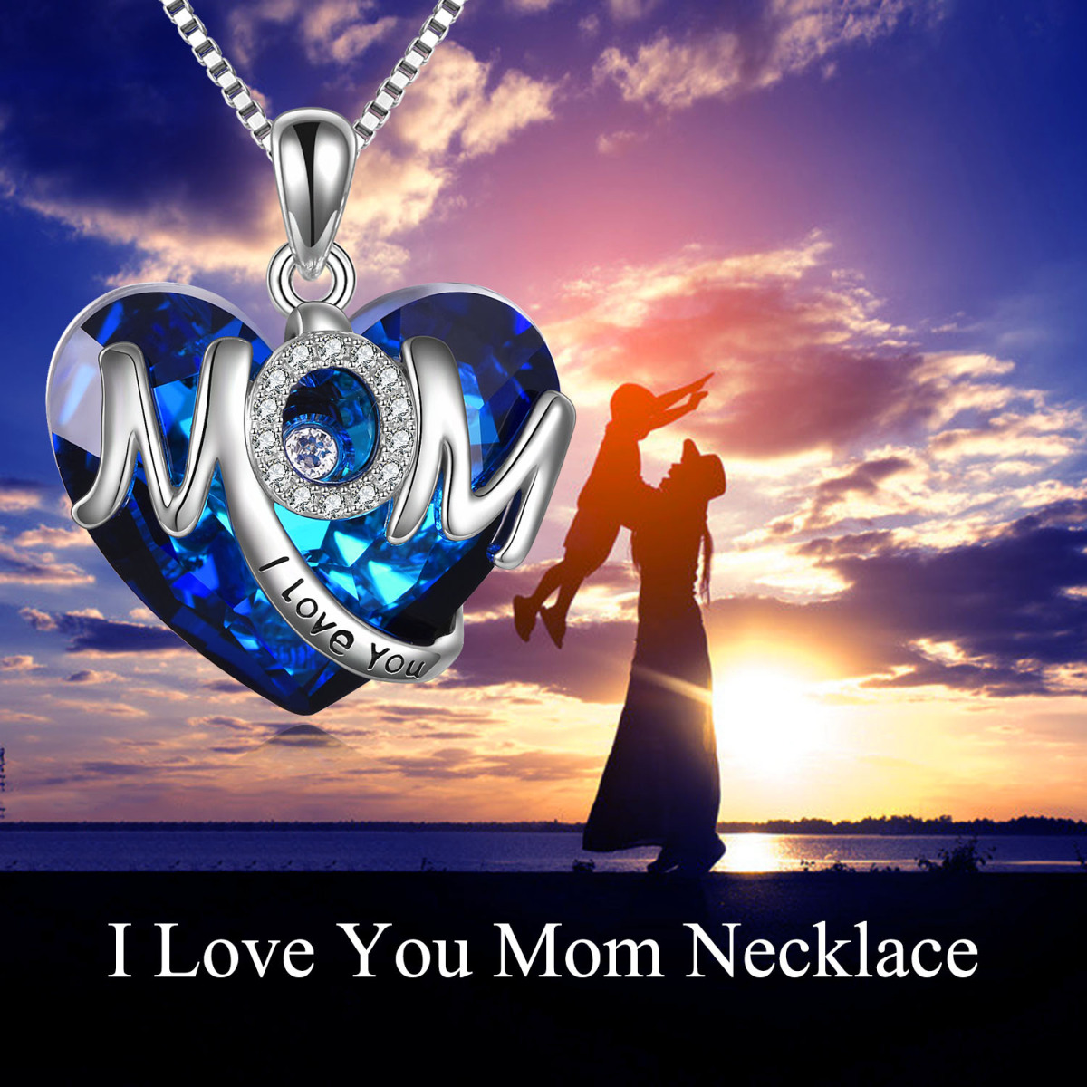 Collar colgante de plata de ley con forma de corazón de madre y corazón de cristal con pal-6