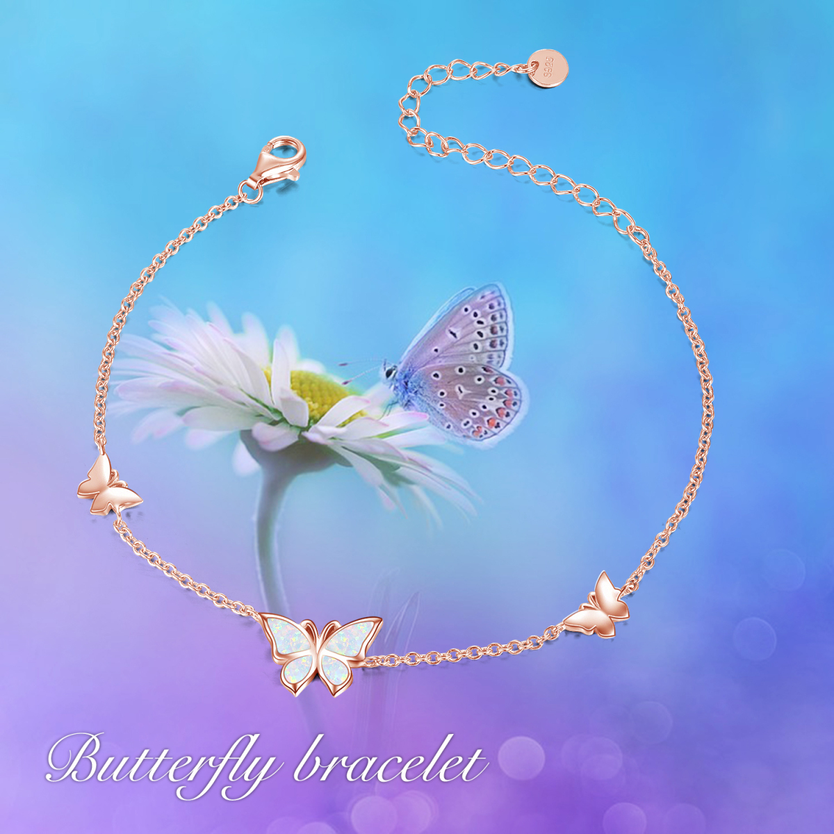 Sterling Silver with Rose Gold Plated Opal Butterfly Single Layer Anklet-6