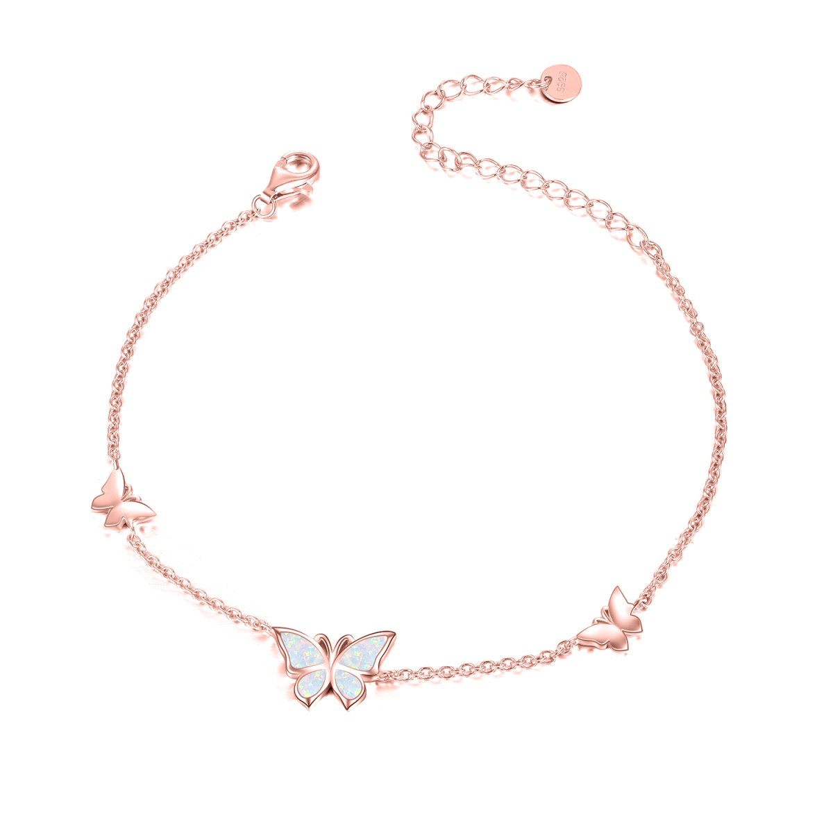 Sterling Silver with Rose Gold Plated Opal Butterfly Single Layer Anklet-1