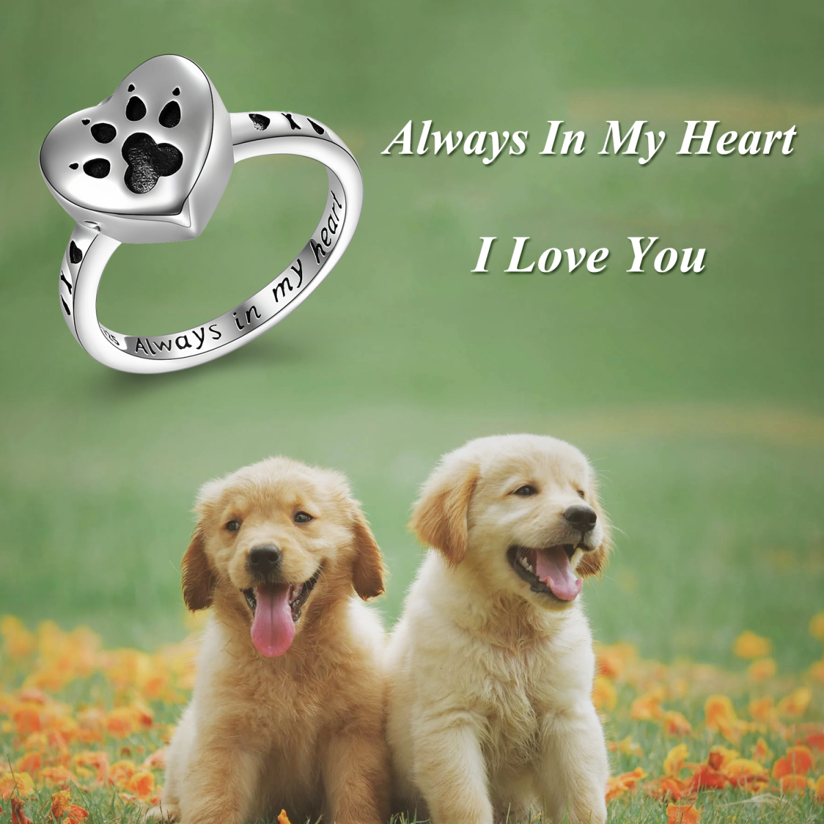 Sterling Silver Dog & Paw & Heart Urn Ring with Engraved Word-6