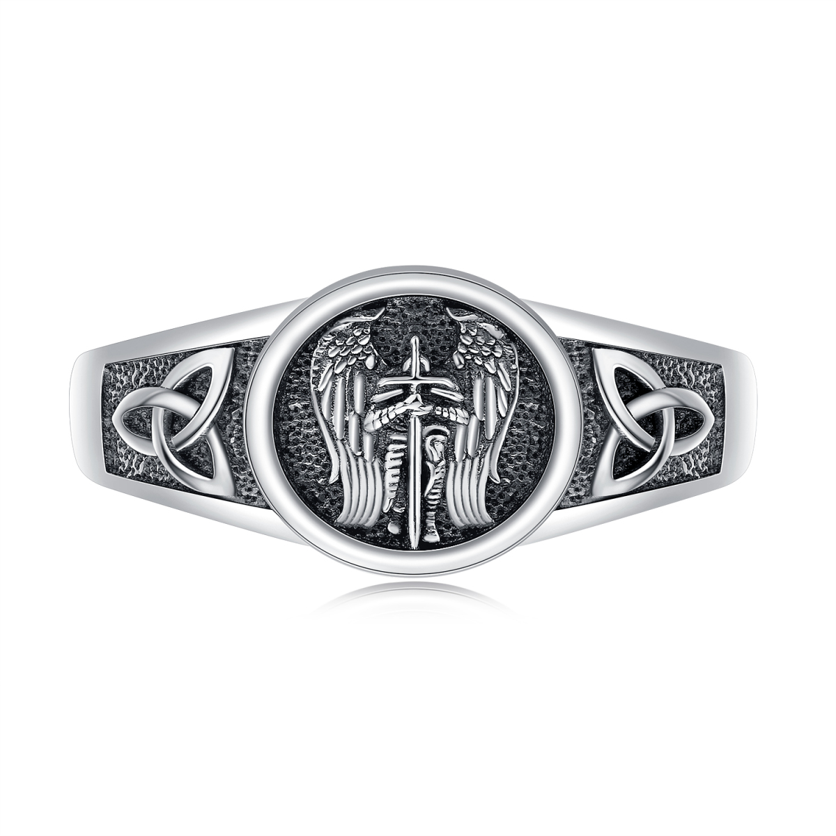 Sterling Silver with Black Rhodium Color Saint Michael Open Ring-1