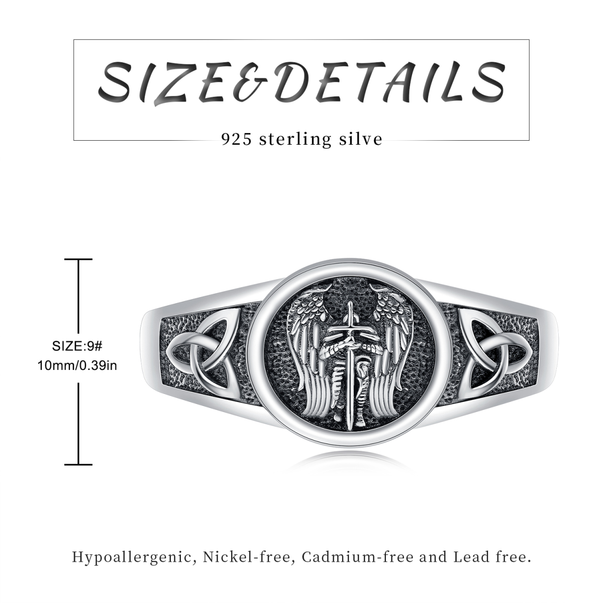 Sterling Silver with Black Rhodium Color Saint Michael Open Ring-7