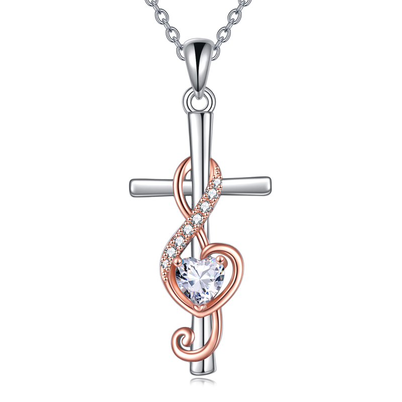 Sterling Silver Two-tone Circular Shaped & Heart Shaped Cubic Zirconia Cross & Heart & Music Symbol Pendant Necklace