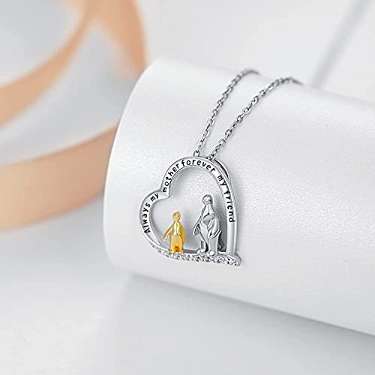 Sterling Silver Two-tone Cubic Zirconia Penguin Heart Pendant Necklace with Engraved Word-3