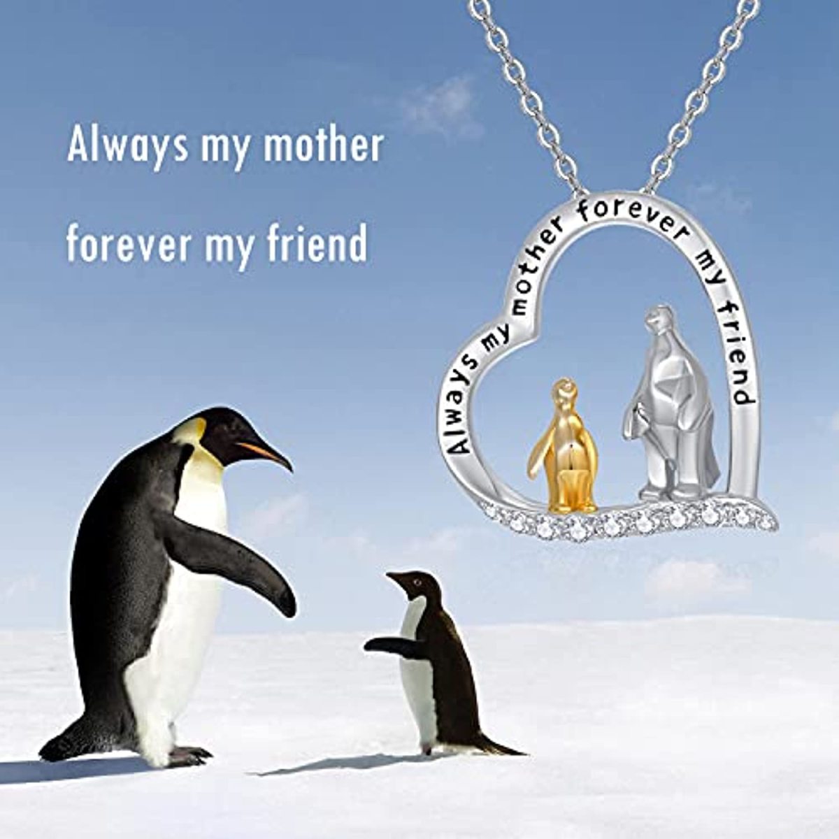 Sterling Silver Two-tone Cubic Zirconia Penguin Heart Pendant Necklace with Engraved Word-6