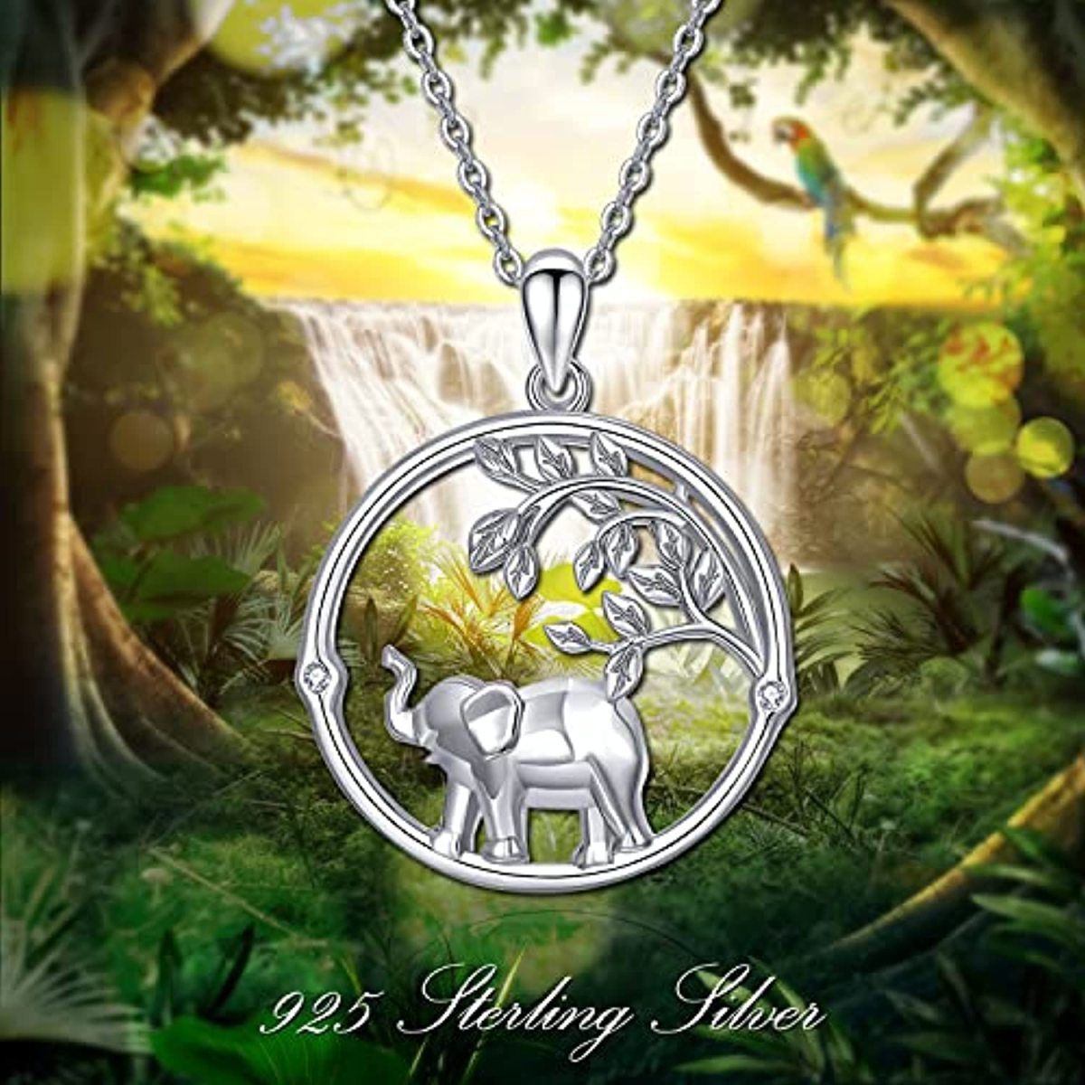 Sterling Silver Circular Shaped Cubic Zirconia Elephant Pendant Necklace-7