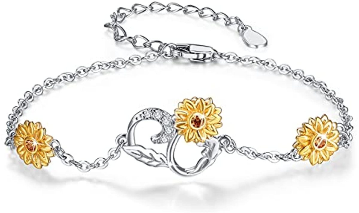 Sterling Silver Two-tone Sunflower Pendant Bracelet with Cubic Zirconia-1