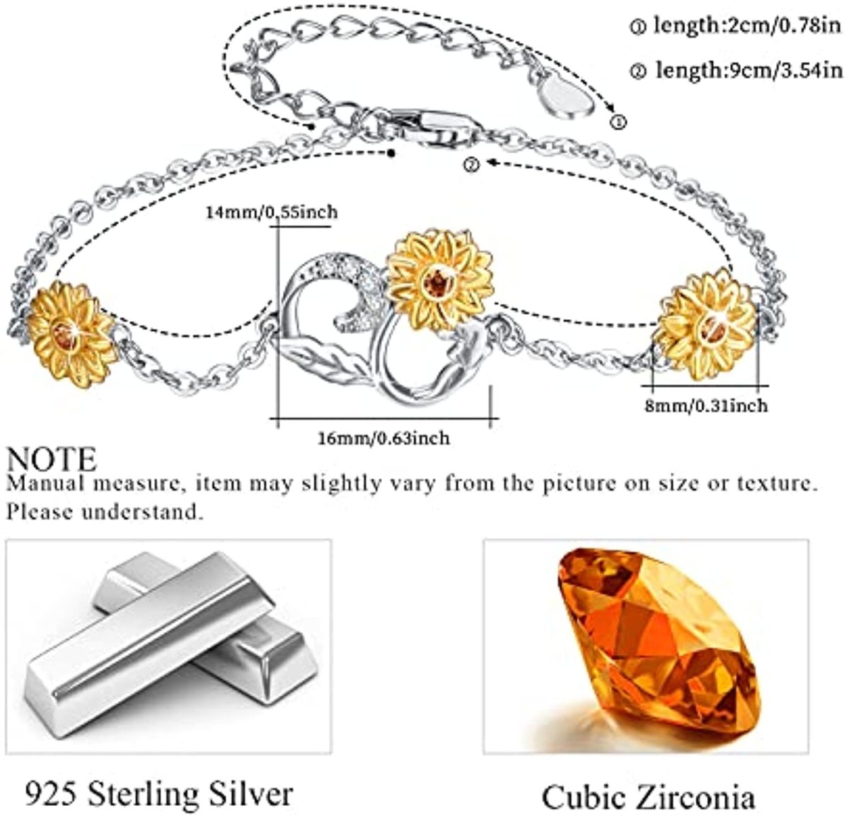Sterling Silver Two-tone Sunflower Pendant Bracelet with Cubic Zirconia-7