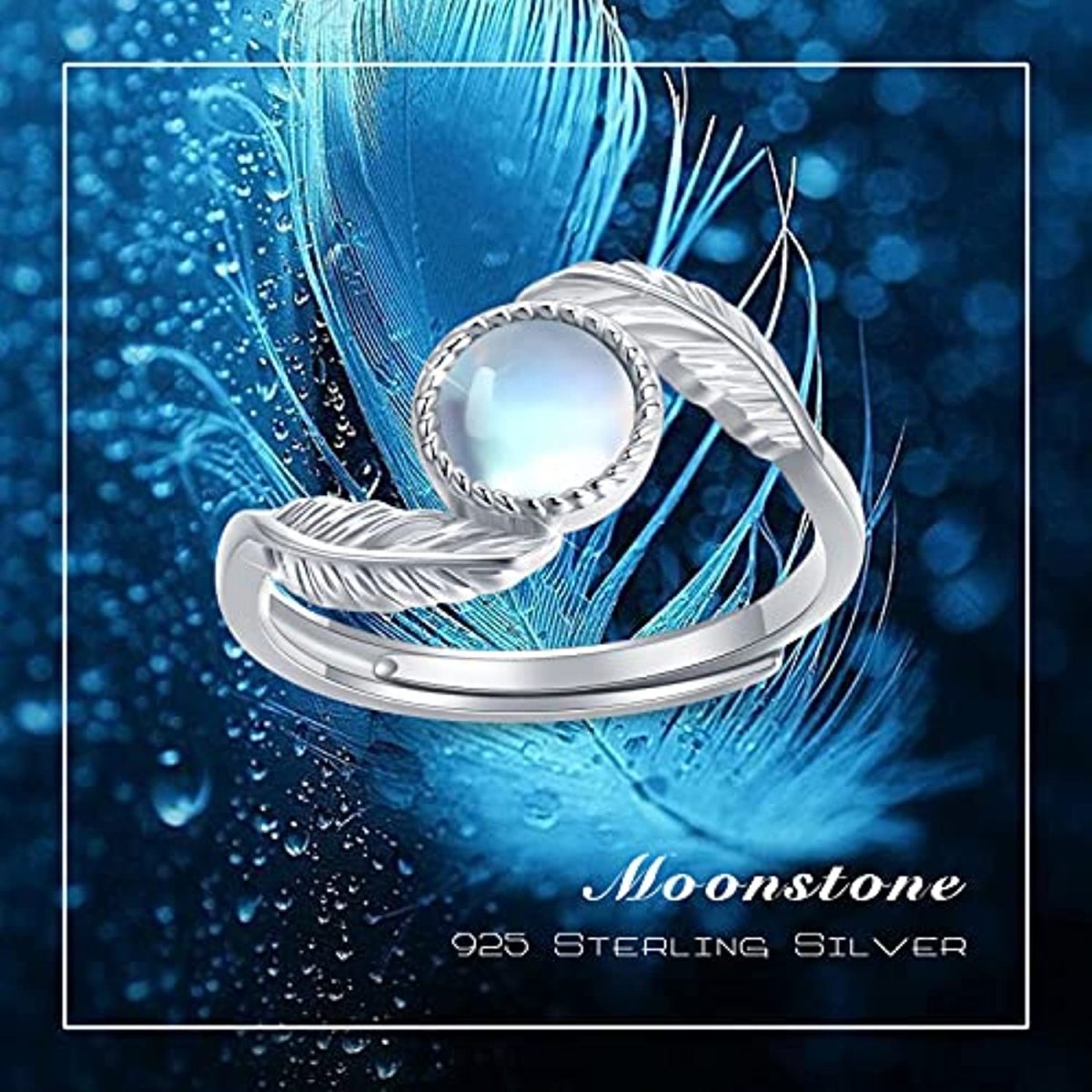 Sterling Silver Round Moonstone Feather Ring-5