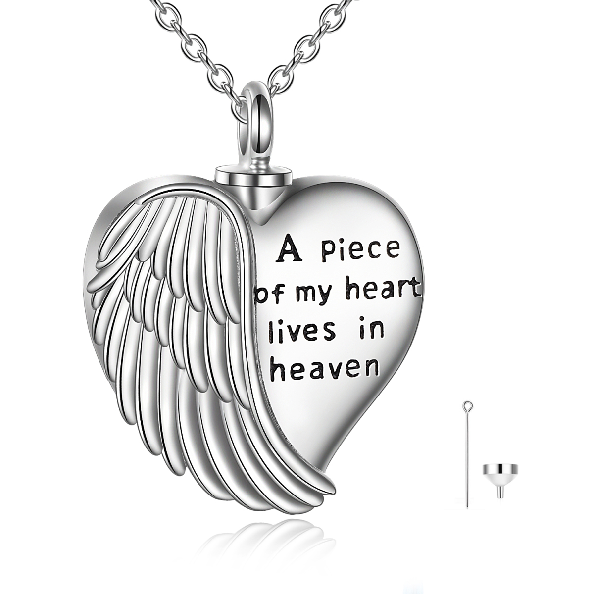 Sterling Silver Angel Wing Heart Urn Necklace for Ashes Engraved A Piece of My Heart is in Heaven-1
