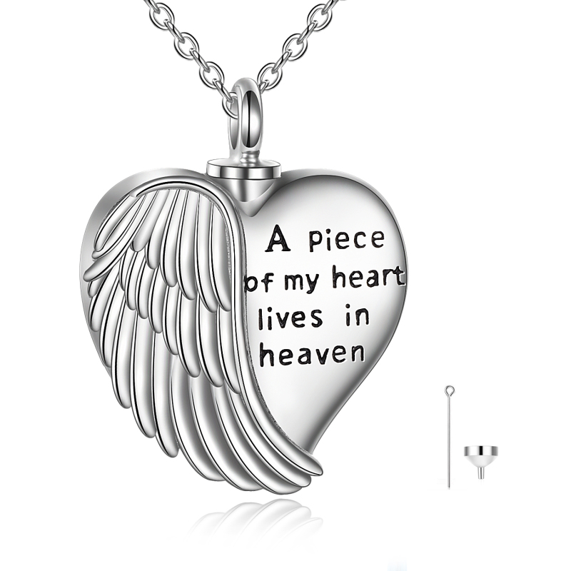 Sterling Silver Angel Wing Heart Urn Necklace for Ashes Engraved A Piece of My Heart is in Heaven