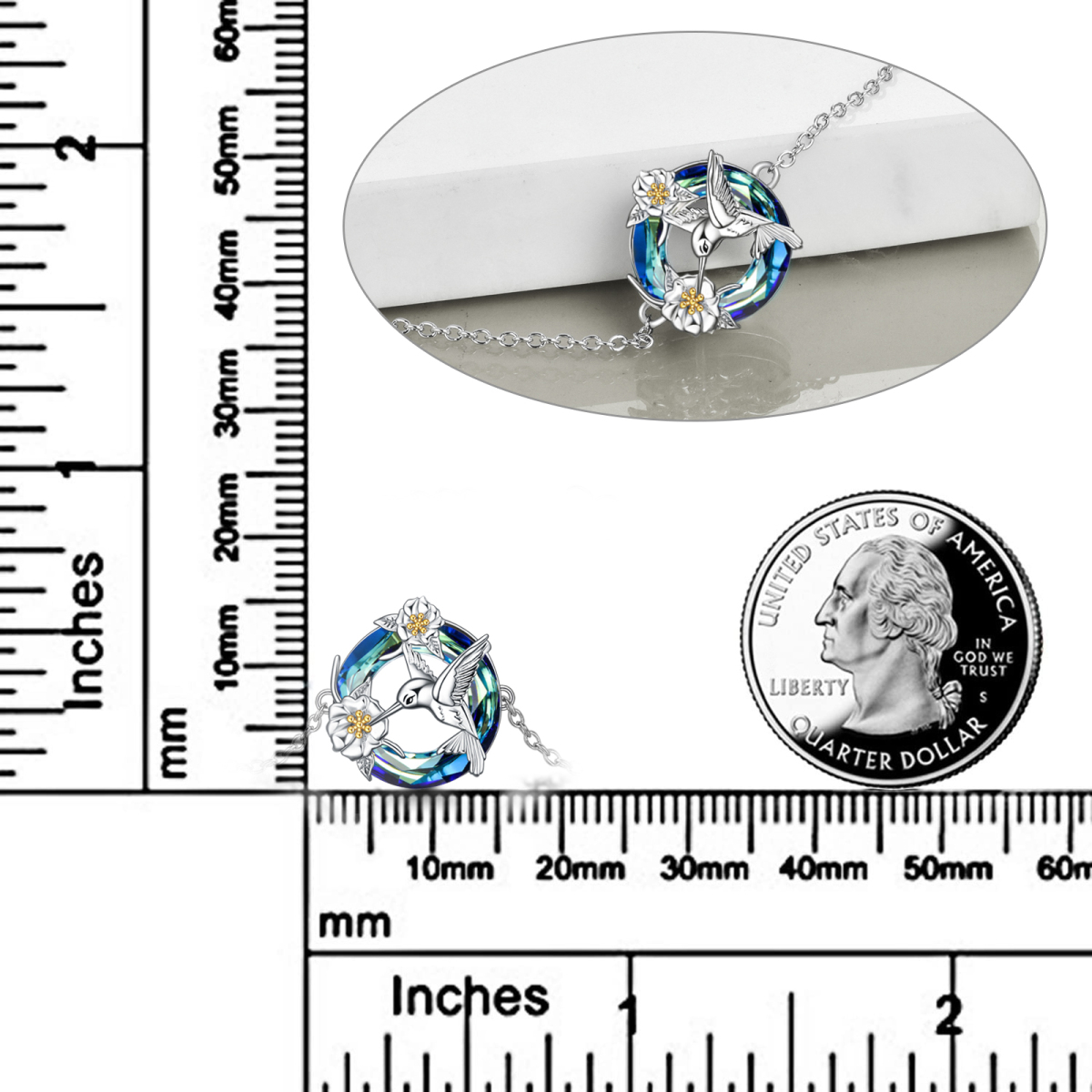 Sterling Silver Two-tone Crystal Hummingbird Pendant Bracelet-5