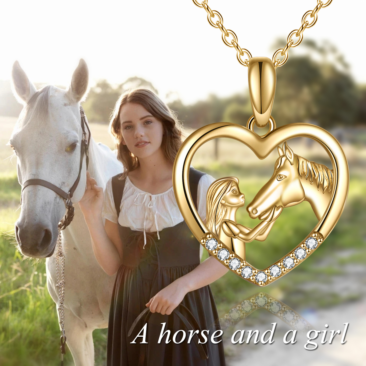 14K Gold Circular Shaped Cubic Zirconia Horse & Heart Pendant Necklace-5