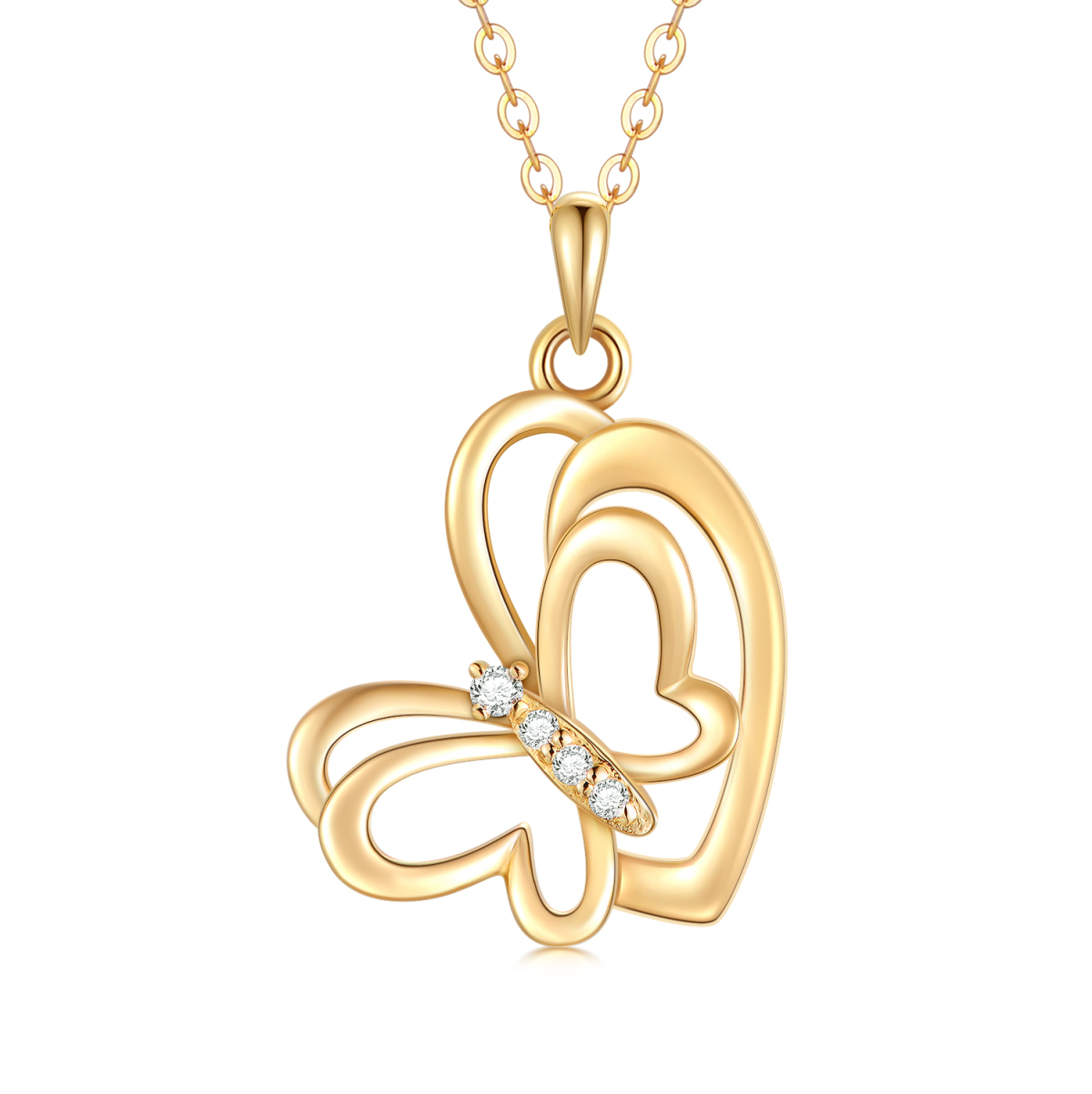 10K Gold Cubic Zirconia Butterfly & Heart Pendant Necklace-1