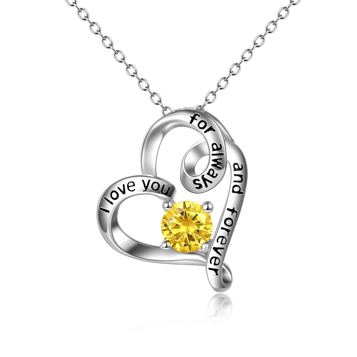 Sterling Silver Circular Shaped Cubic Zirconia Heart Pendant Necklace with Engraved Word-1