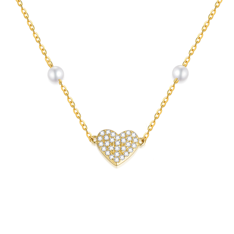 14K Gold Moissanite & Pearl Heart Pendant Necklace