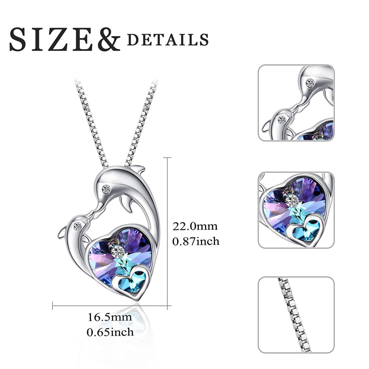 Sterling Silver Heart Shaped Crystal Couple Dolphin Pendant Necklace-5