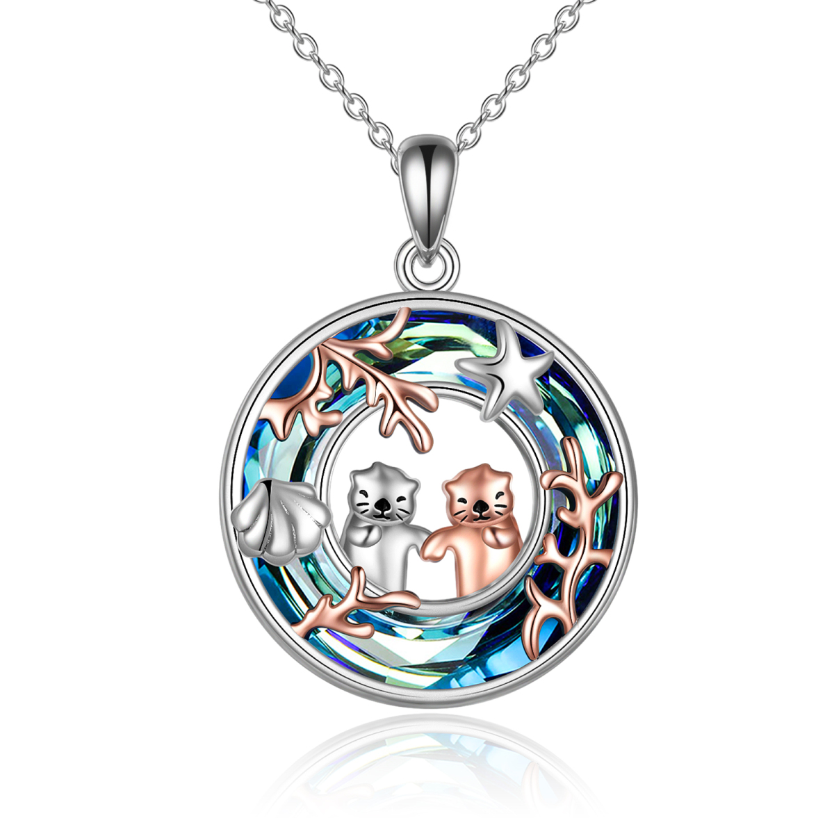 Sterling Silver Two-tone Circular Shaped Sea Otter Crystal Pendant Necklace-1