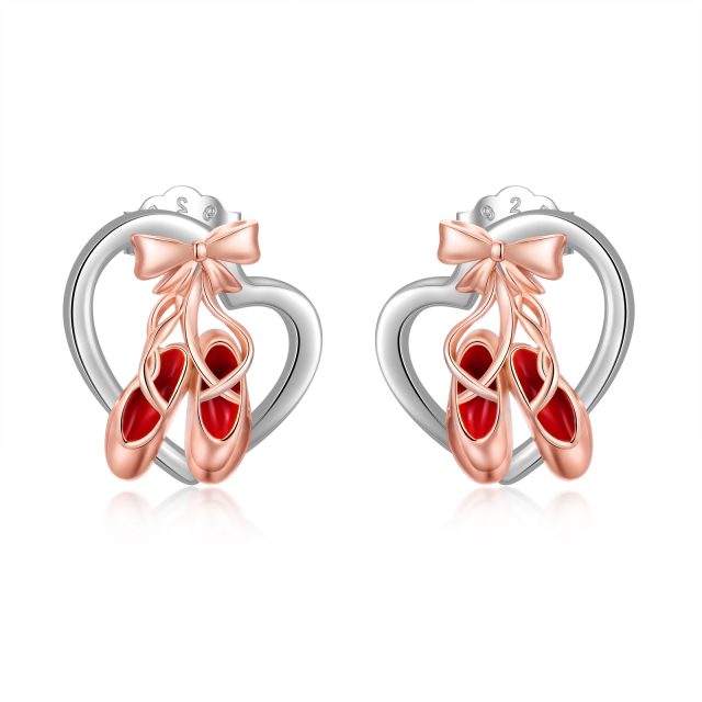 Sterling Silver Two-tone Ballet Shoes & Bow & Heart Stud Earrings-4