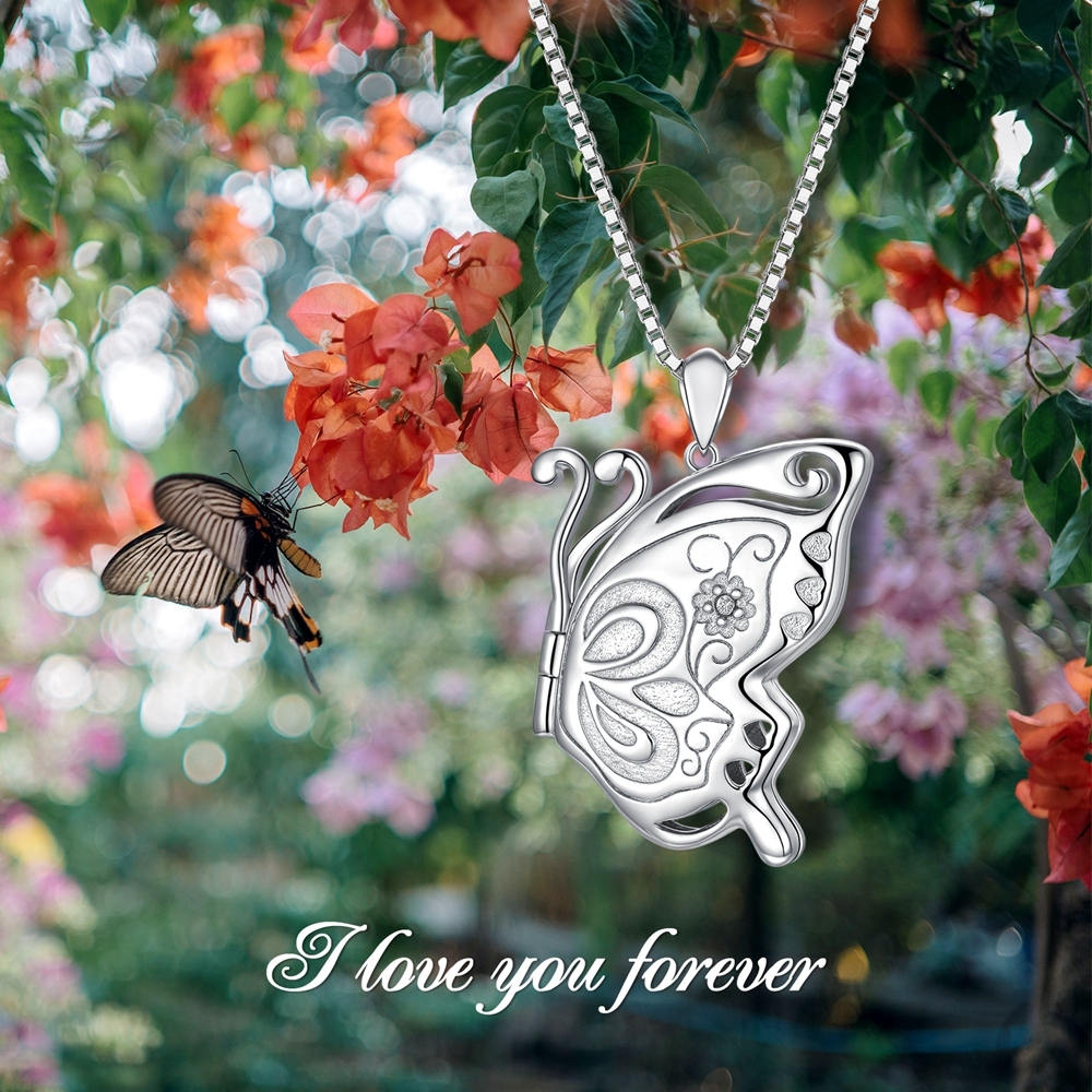 Sterling Silver Butterfly & Personalized Photo Personalized Photo Locket Necklace-5