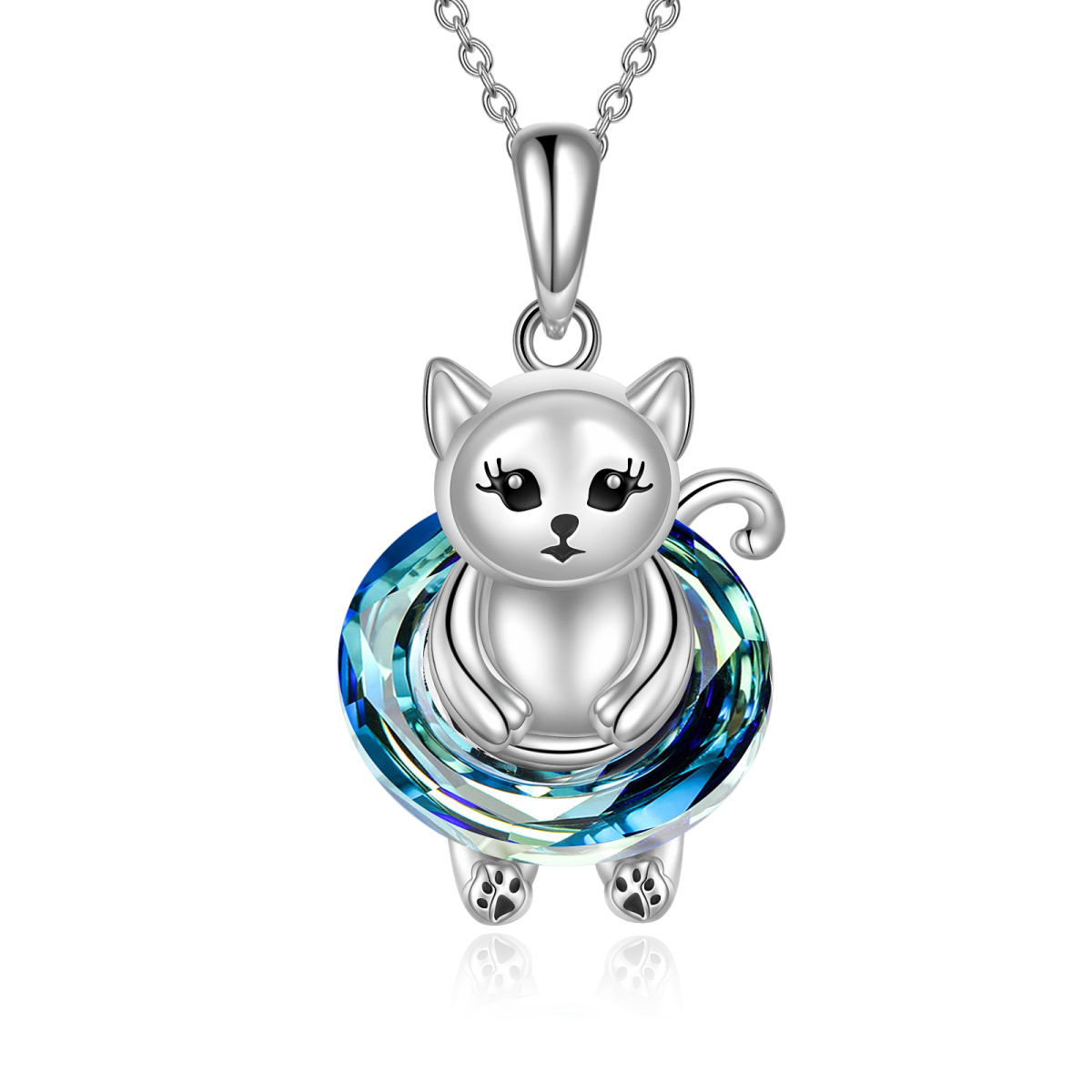 Sterling Silver Circular Shaped Cat Pendant Necklace-1