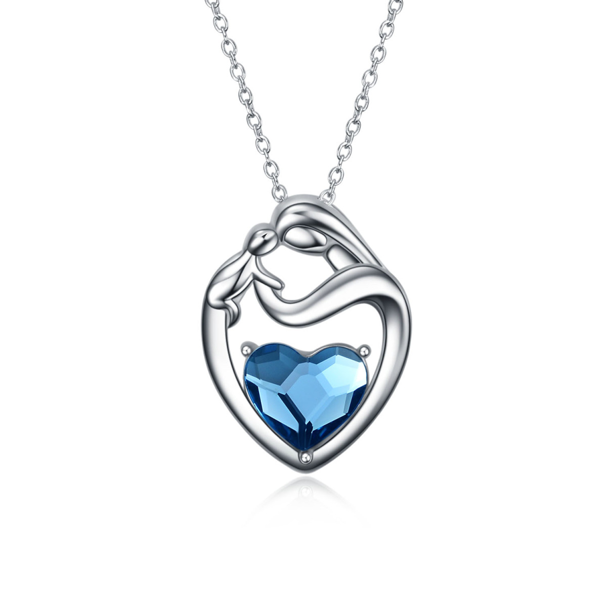 Sterling Silver Heart Shaped Crystal Mother & Daughter & Heart Pendant Necklace-1