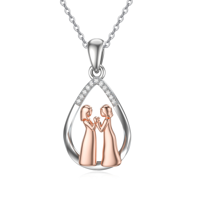 14K Silver & Rose Gold Moissanite Sisters & Drop Shape Pendant Necklace-5