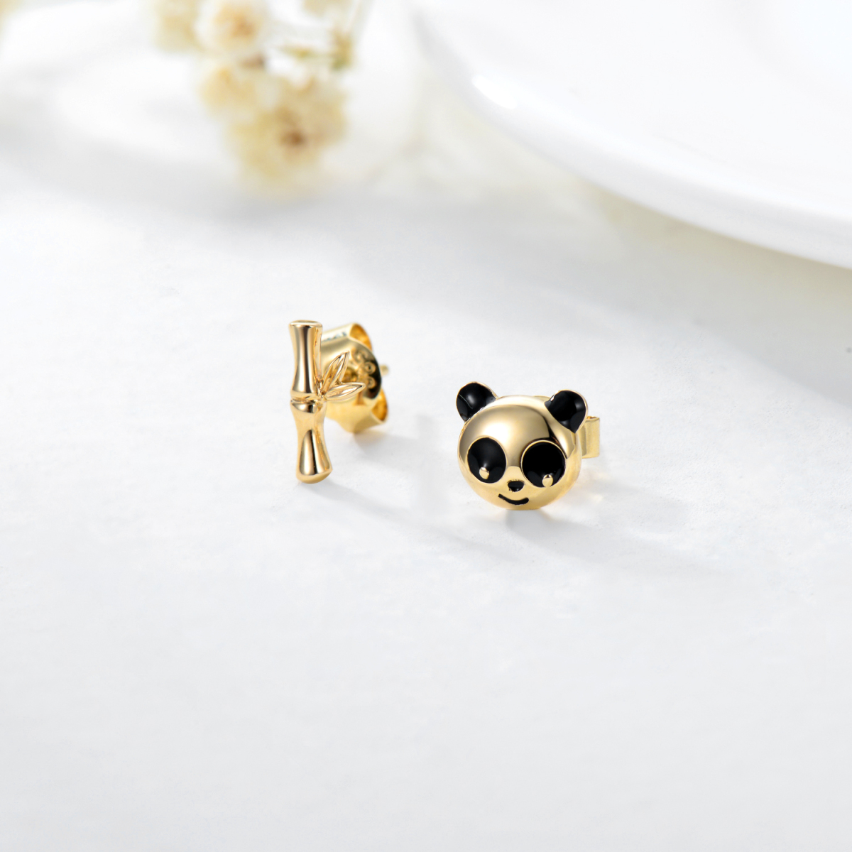 Pendientes de oro de 14 quilates y panda negro-3