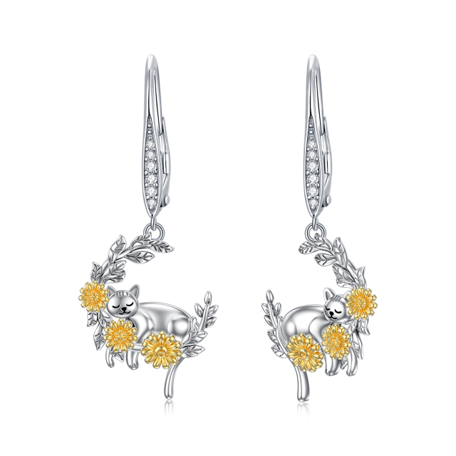 Sterling Silver Two-tone Circular Shaped Cubic Zirconia Cat & Sunflower & Moon Lever-back Earrings-1