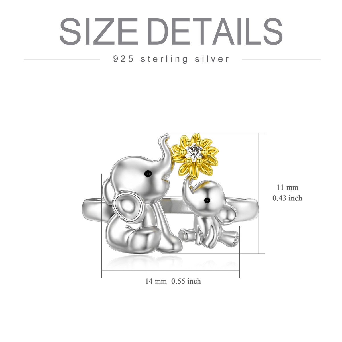 Zweifarbiger, kreisförmiger Ring aus Sterlingsilber mit Elefanten- und Sonnenblumenmotiv und Zirkonia-5