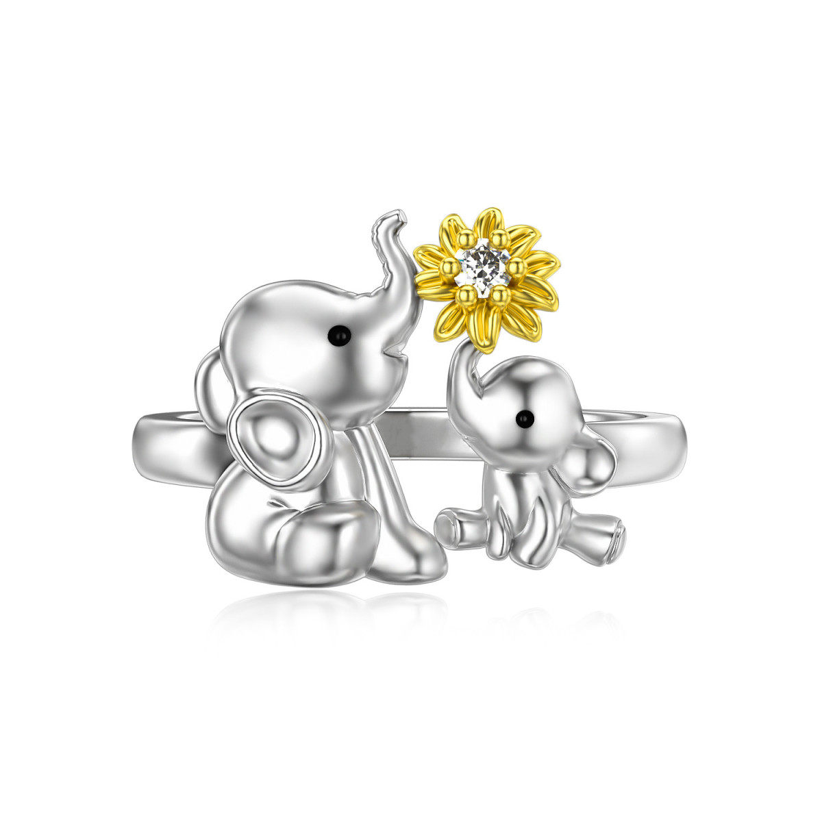 Zweifarbiger, kreisförmiger Ring aus Sterlingsilber mit Elefanten- und Sonnenblumenmotiv und Zirkonia-1