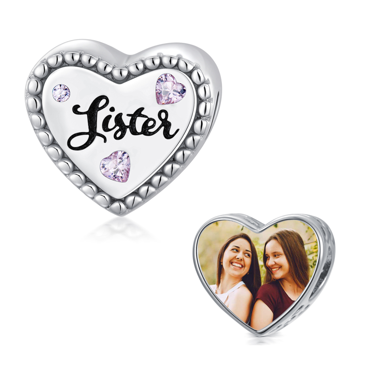 Sterling Silver Heart Cubic Zirconia Personalized Photo & Auntie & Grandmother & Mother & Sisters & Heart Bead Charm-6