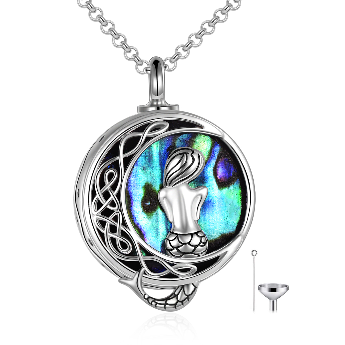 Sterling Silver Abalone Shellfish Mermaid Urn Necklace for Ashes with Engraved Word-1
