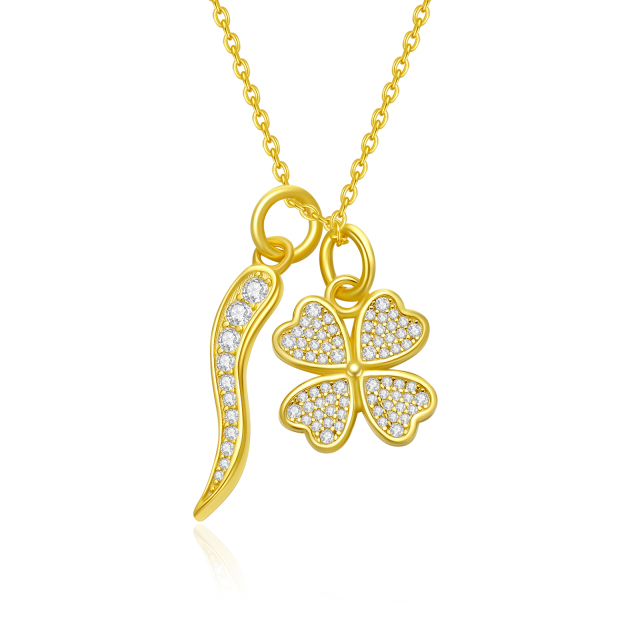 Sterling Silver with Yellow Gold Plated Cubic Zirconia Four Leaf Clover & Italian Horn Pendant Necklace-2