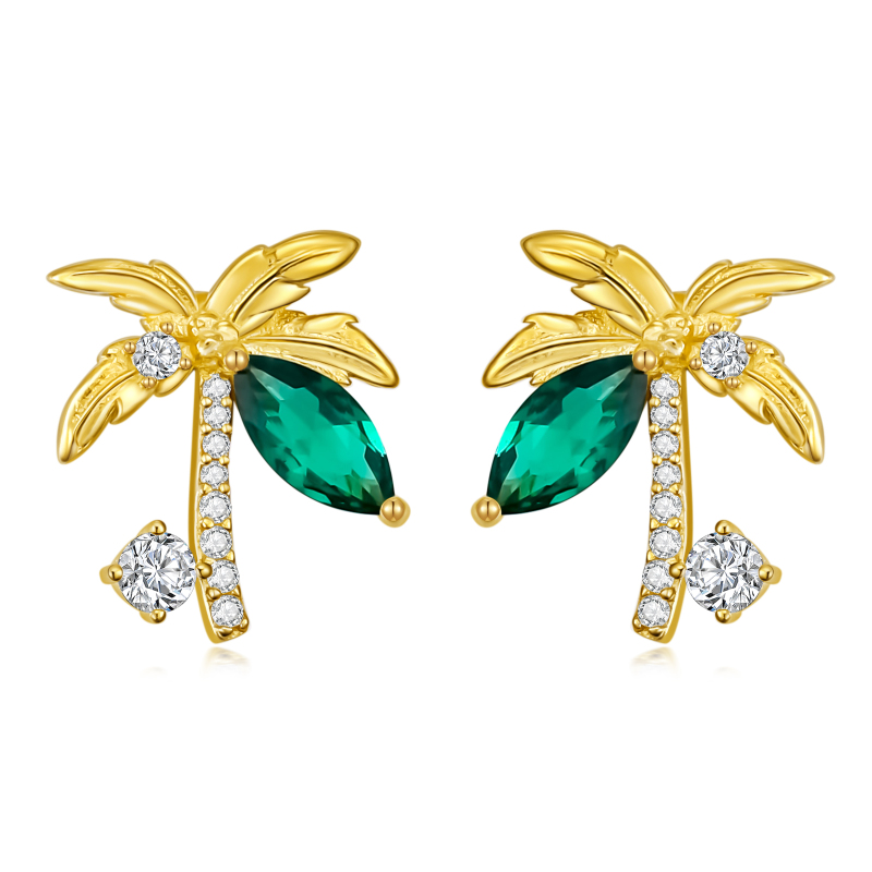 Sterling Silver with Yellow Gold Plated Circular Shaped & Princess-square Shaped Cubic Zirconia Coconut Tree Stud Earrings