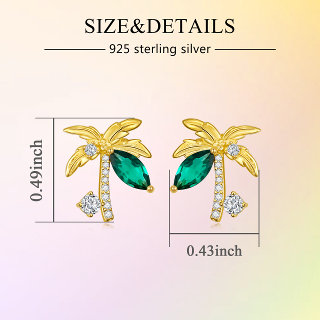 Sterling Silver with Yellow Gold Plated Circular Shaped & Princess-square Shaped Cubic Zirconia Coconut Tree Stud Earrings-4