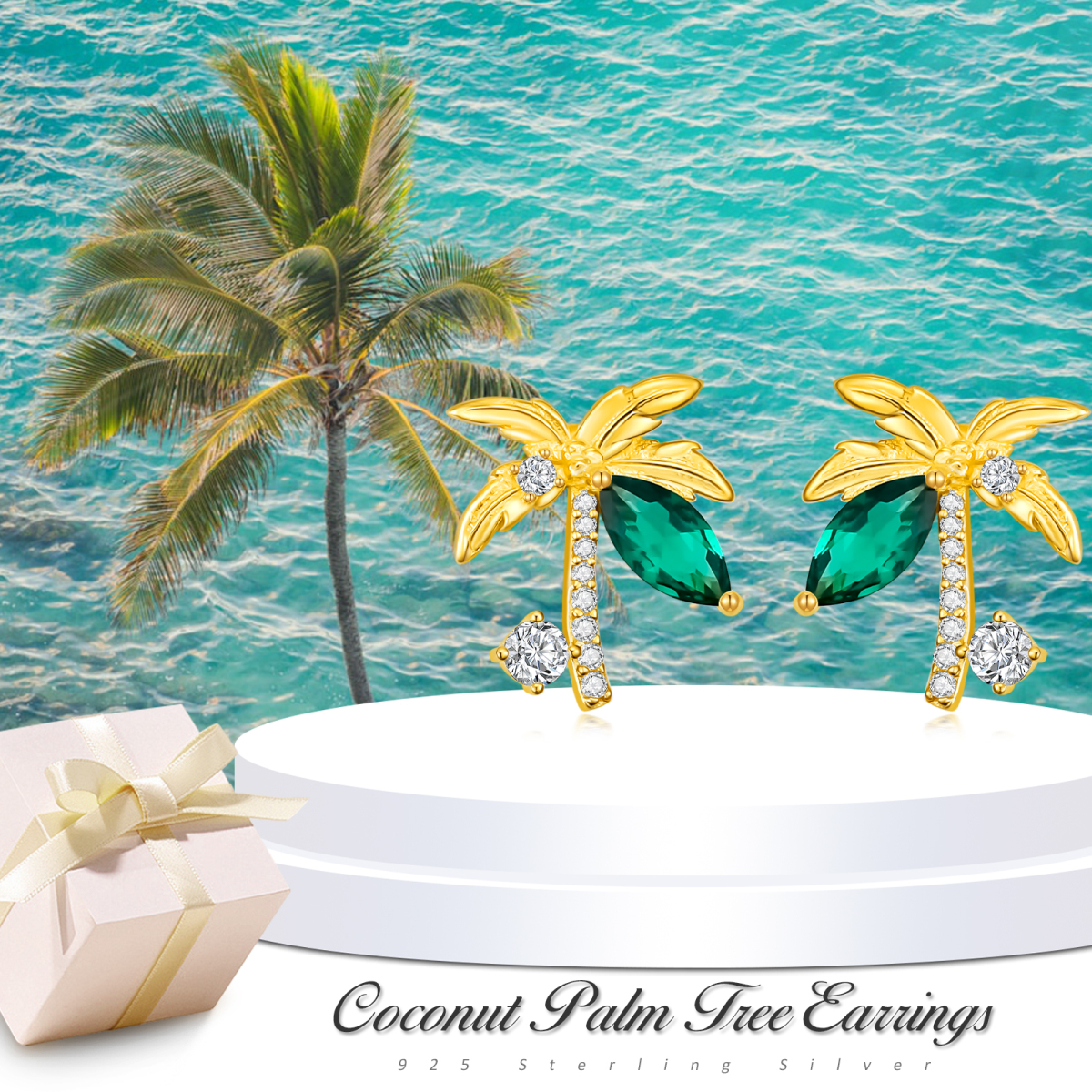 Sterling Silver with Yellow Gold Plated Circular Shaped & Princess-square Shaped Cubic Zirconia Coconut Tree Stud Earrings-6