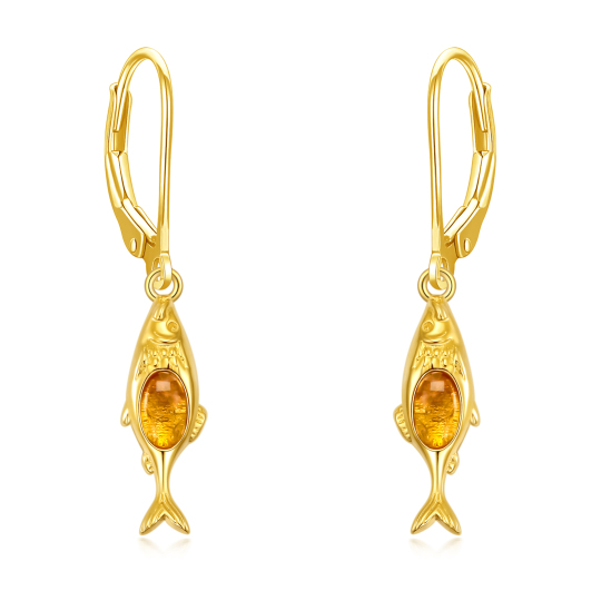 Sterling Silver with Yellow Gold Plated Oval Shaped Agate Fish Drop Earrings