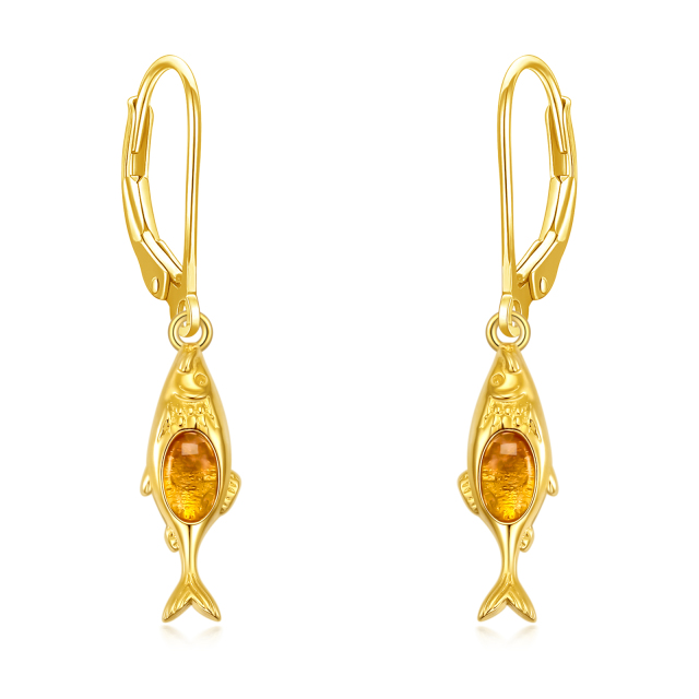 Sterling Silver with Yellow Gold Plated Oval Shaped Agate Fish Drop Earrings-1