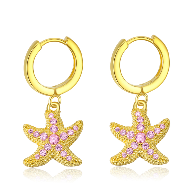 Sterling Silver with Yellow Gold Plated Circular Shaped Cubic Zirconia Starfish Drop Earrings-5