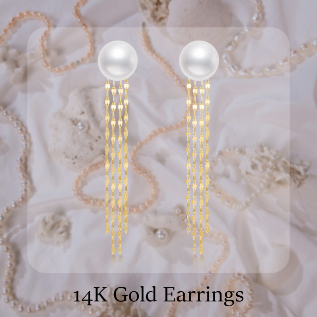 14K Gold Circular Shaped Pearl Bead Drop Earrings-4