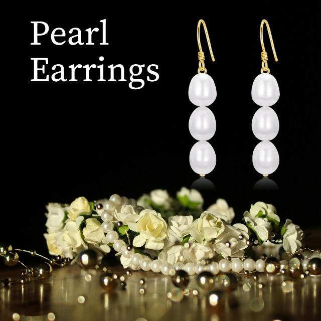 14K Gold Pearl Bead Drop Earrings-5