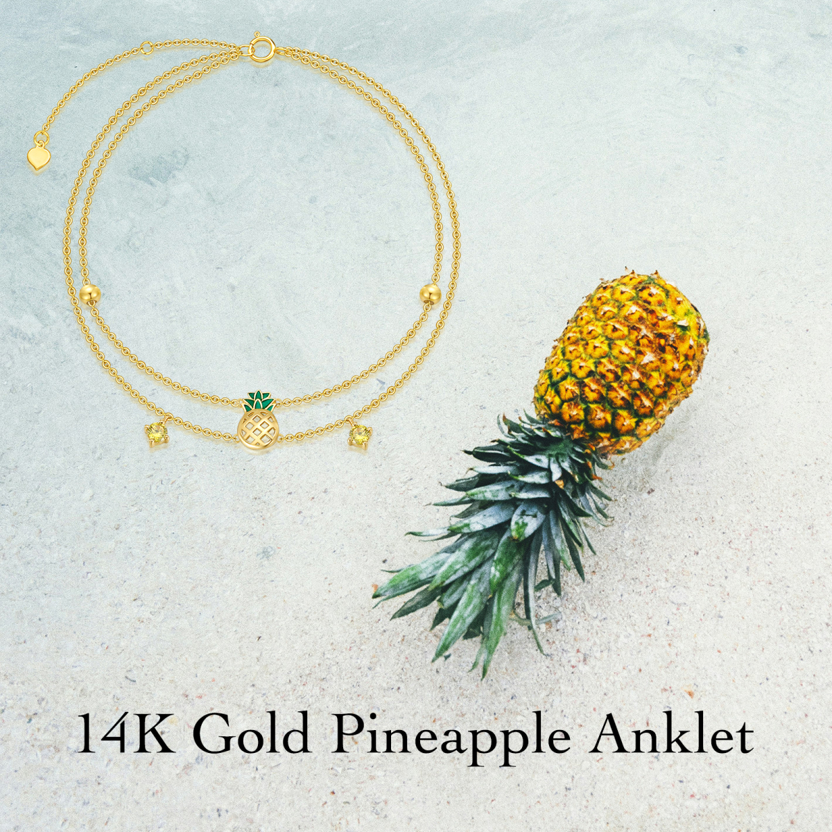 14K Gold Fußkettchen in Prinzessinnenform mit quadratischem Zirkonia und Ananas-Motiv, mehrlagig-6