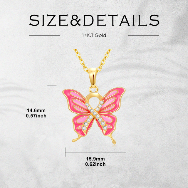Collar con colgante de mariposa con circonita cúbica en forma circular de oro de 14 quilates-4