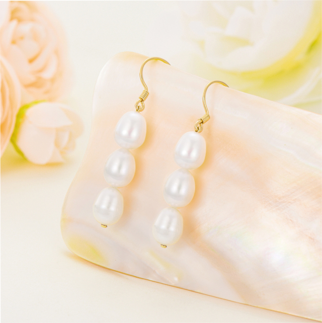 14K Gold Pearl Bead Drop Earrings-2
