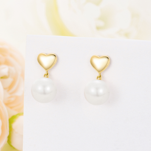 Aretes colgantes con forma de corazón y perlas circulares de oro de 14 quilates-2